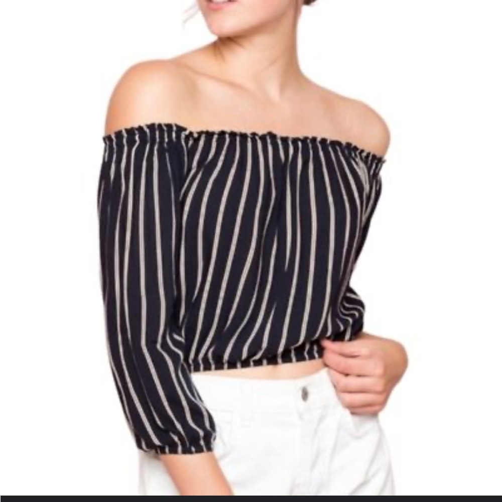 Brandy Melville Blue and White Cuffed Sleeve Off Shoulder Blouse